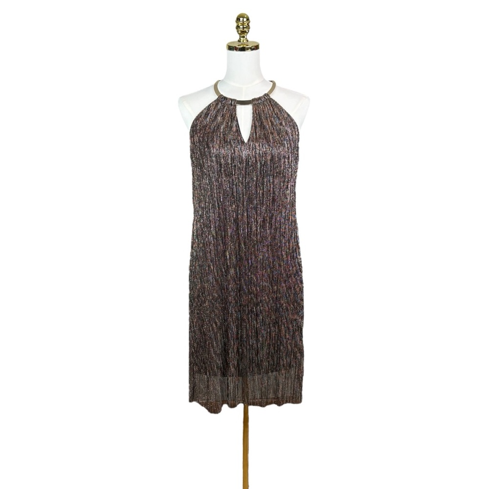 Woman’s Ashley Graham Beyond metallic gold and black halter dress size 4